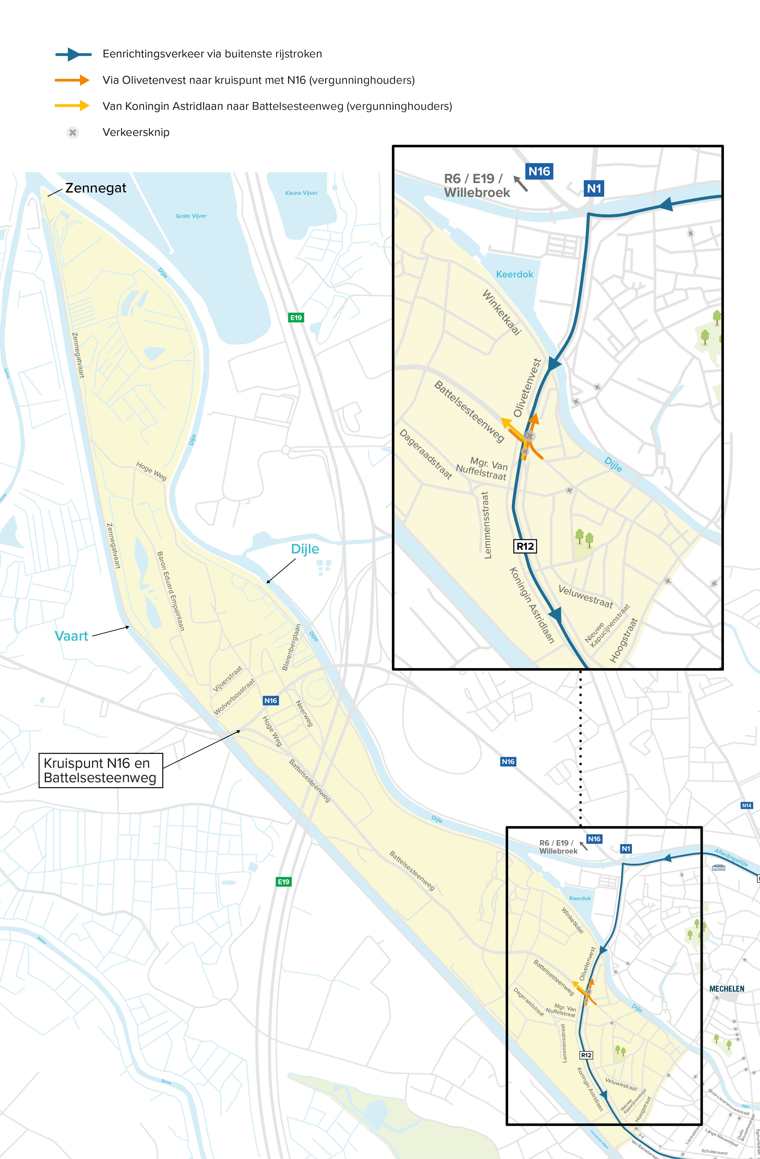 Bewoners binnen de gele zone kunnen toelating aanvragen om vanuit Battelsesteenweg naar Olivetenvest af te slaan. 