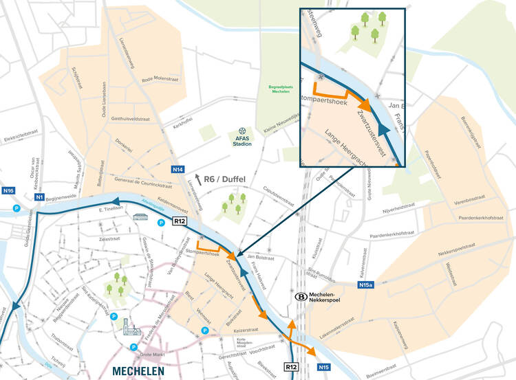 Zones die toegang krijgen tot de verkeersknips in Zwartzustersvest en aan kruispunt Nekkerspoel